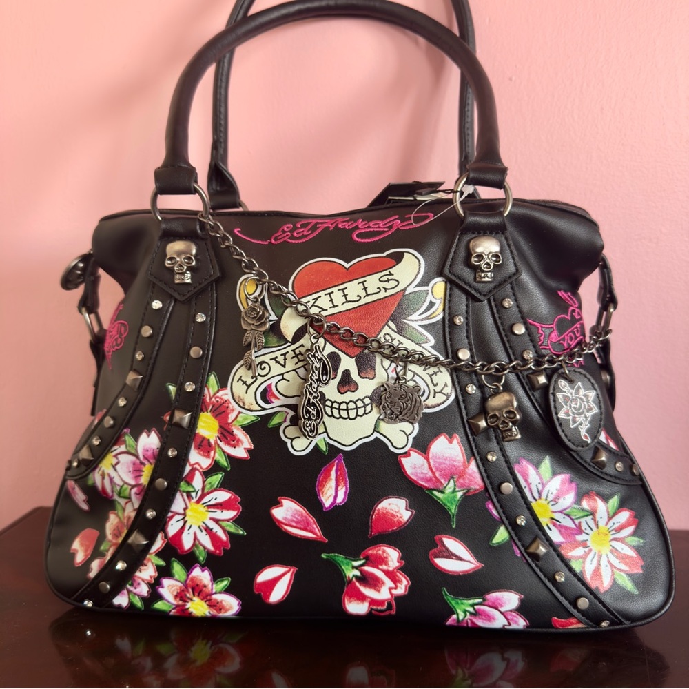 Ed Hardy Love Kills Slowly Floral Skull Satchel Shoulder NWT Bag
